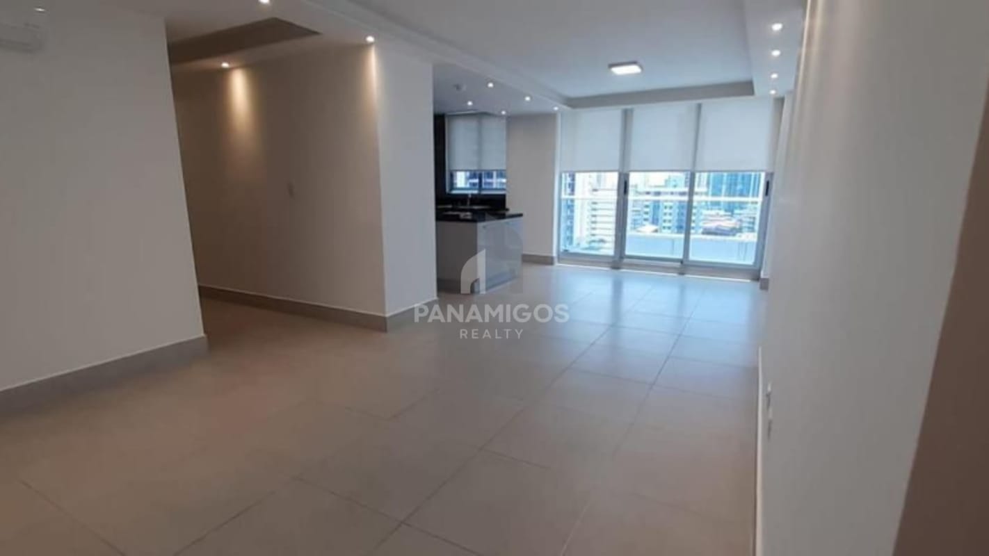 Modern living room with large windows and city view in PH Park City Obarrio Panama