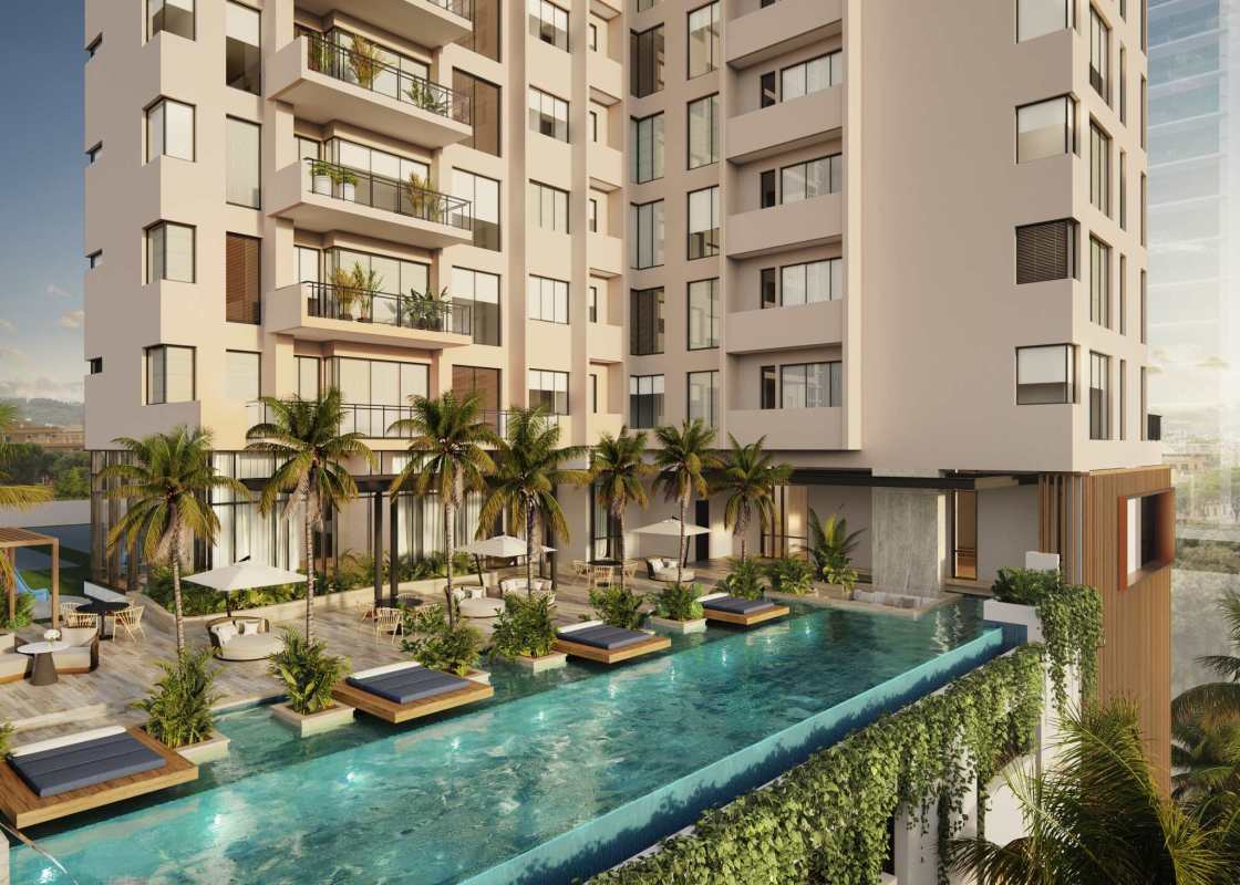 Double-height marble lobby with reception and designer finishes in Santa Maria Panama condo