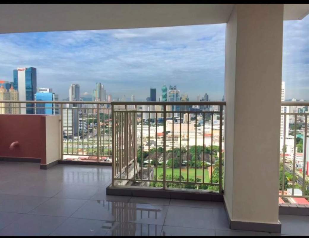 Covered balcony with city view from high floor apartment in PH San Francisco Bay Panama