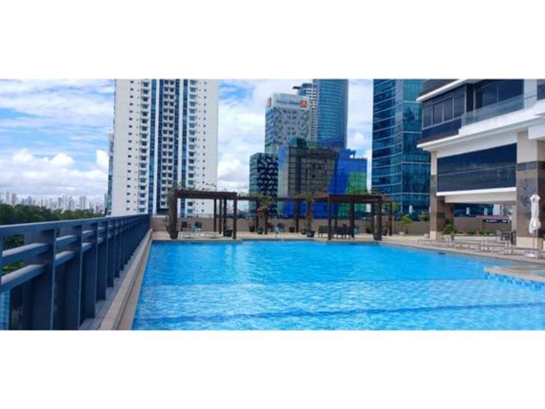 Infinity pool area with pergolas and skyline PH Matisse Costa del Este
