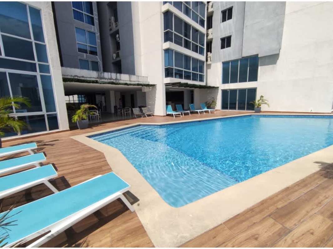 Bright living dining room with ceramic tile floors air conditioning open layout at Coral Tower Carrasquilla Panama