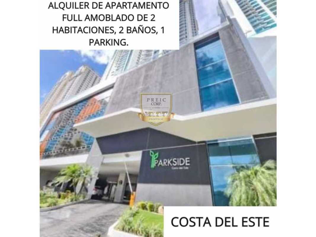 Modern furnished living room in PH Parkside with large windows and city views in Costa del Este