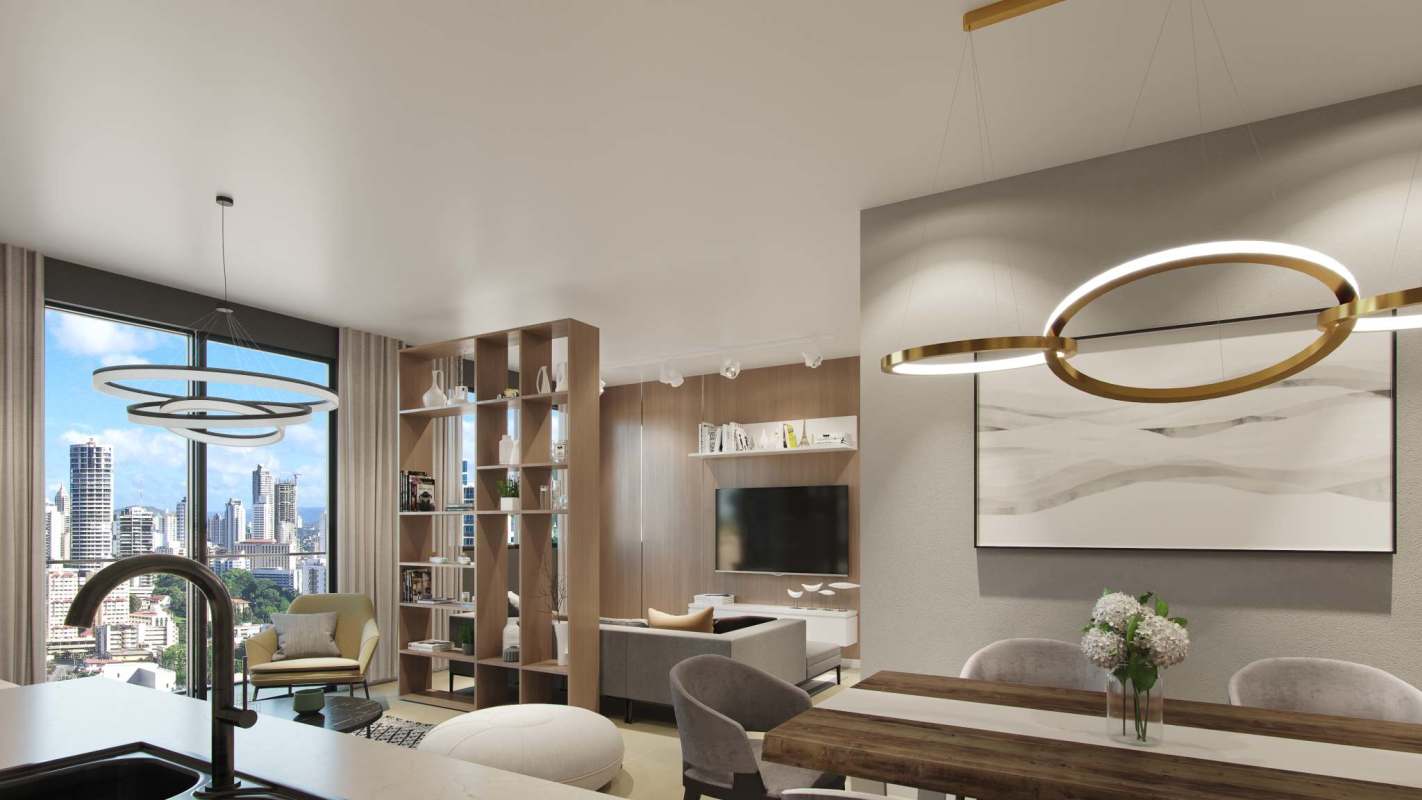 Open-plan kitchen and living area with floor-to-ceiling windows in PH Aura Obarrio