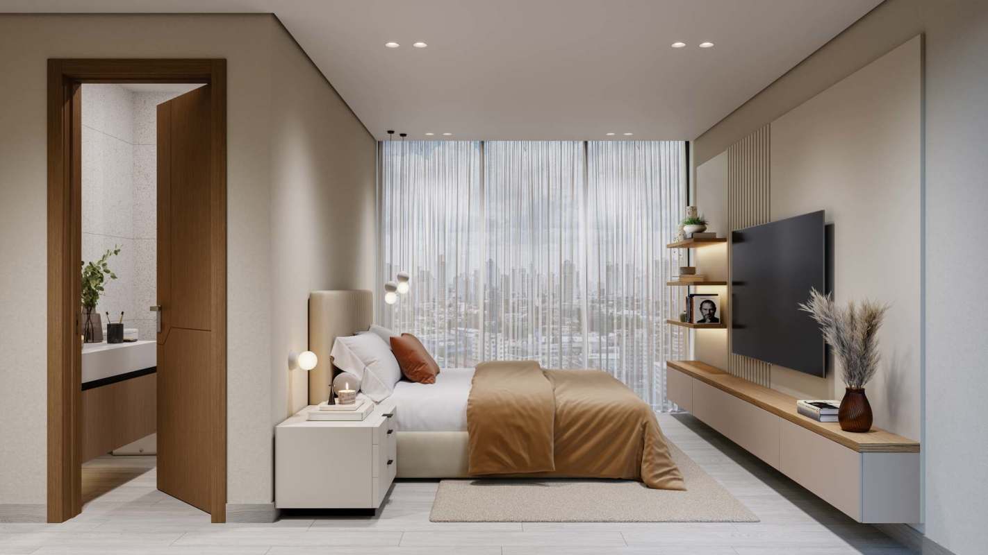 Sleek bathroom with glass shower and floating vanity PH Aura Obarrio