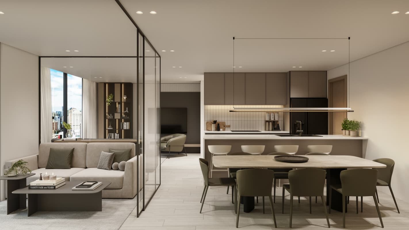 Skyline view resident lounge with billiards and bar at PH Aura