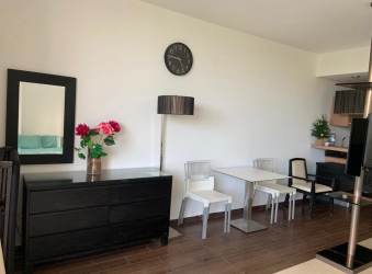 Dining and living space in studio overlooking garden lagoon Playa Blanca