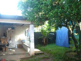 Back patio with cover, laundry sink, garden plants, mature trees in Panama house