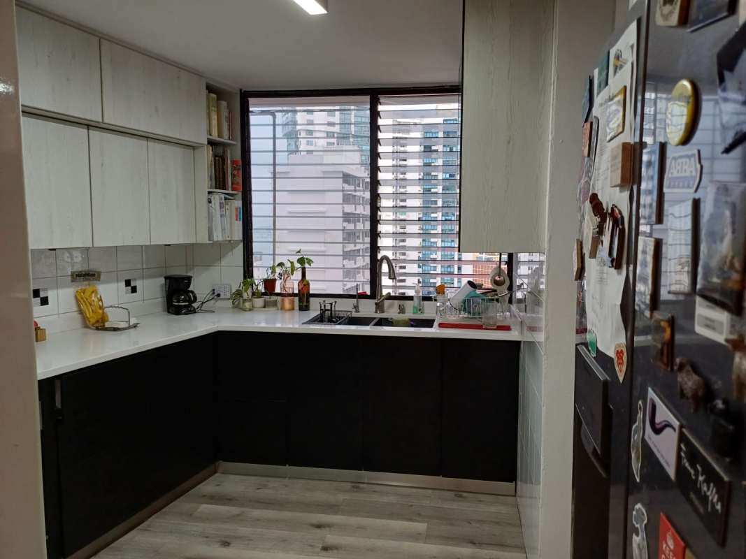 Spacious living dining area with tiles and balcony in Punta Paitilla condo