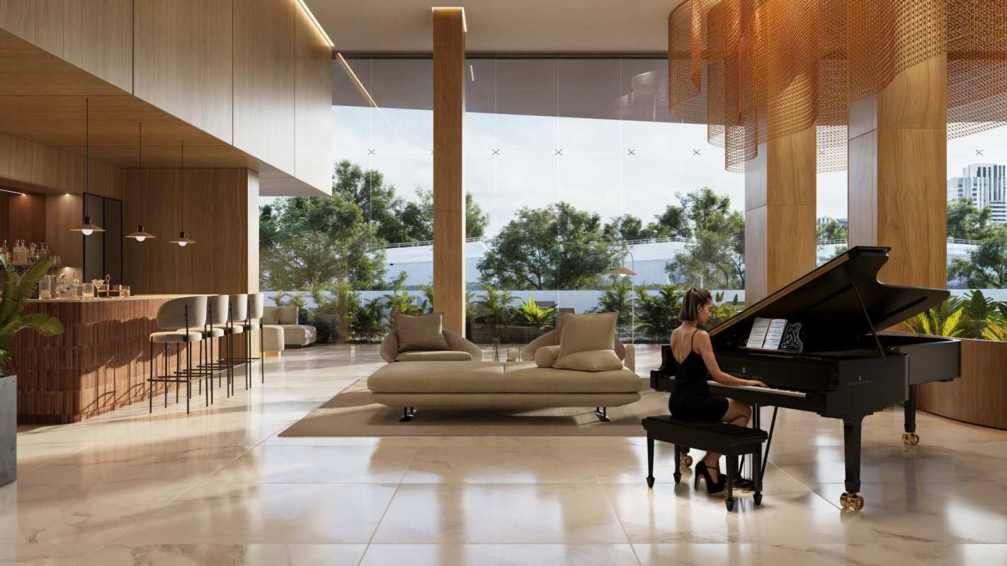 Lobby lounge with piano, bar, and floor-to-ceiling windows at Aqua Costanera Panama