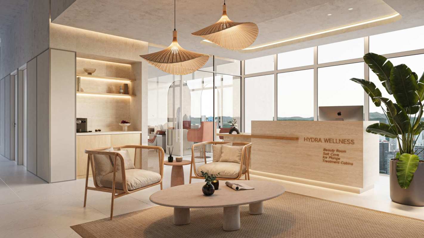 Modern wellness reception lounge with city views at Aqua Costanera Panama City