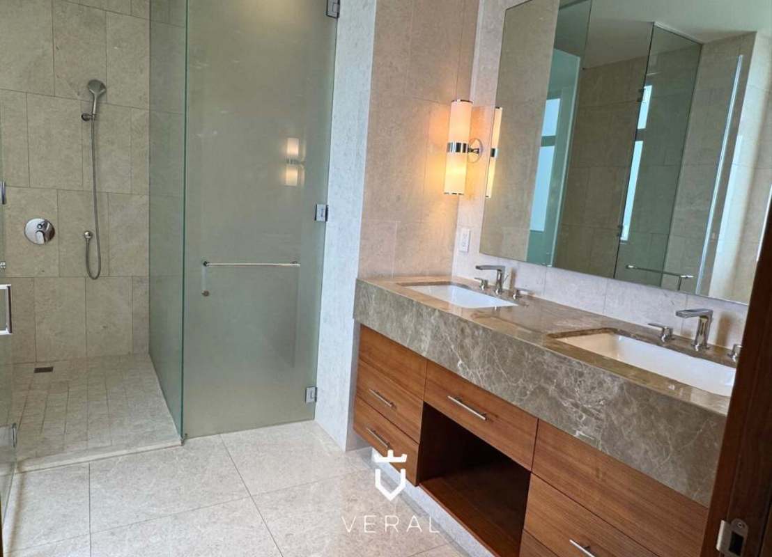 Luxury marble bathroom with double vanity, frameless glass shower in PH Santa Maria Court, Santa Maria, Panama City
