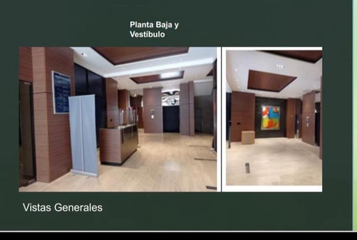 Building lobby with wood panel walls, modern reception desk and colorful art at PH Financial Park Panama