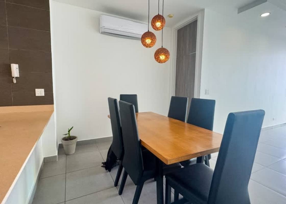 Bedroom with large window roller blinds tiled floor ocean and city views PH Element Tower Panama