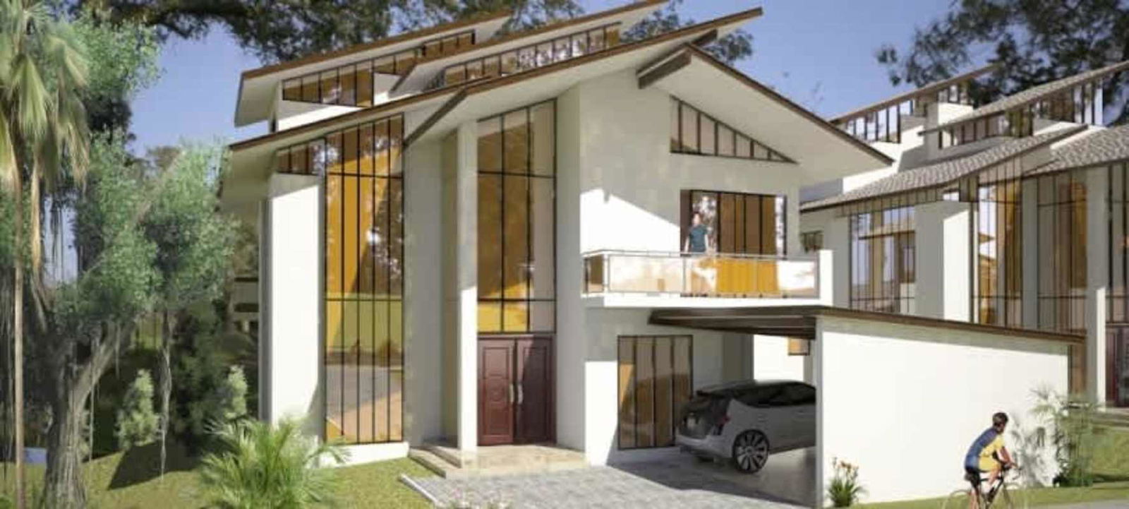 Modern two-story eco-friendly house with glass facade, balcony and driveway in Jardines de Albrook