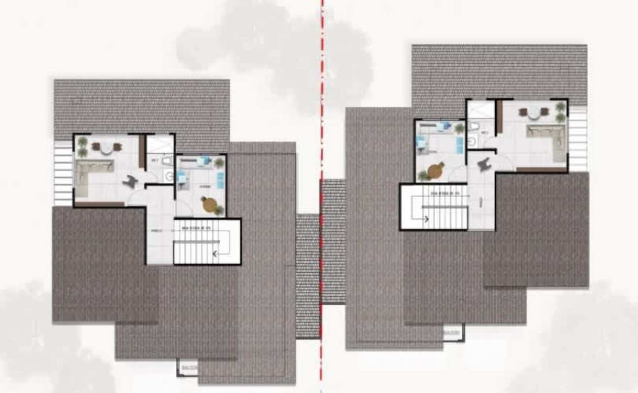 Architectural floor plan of mirrored duplex houses with balconies and terraces in Panama City
