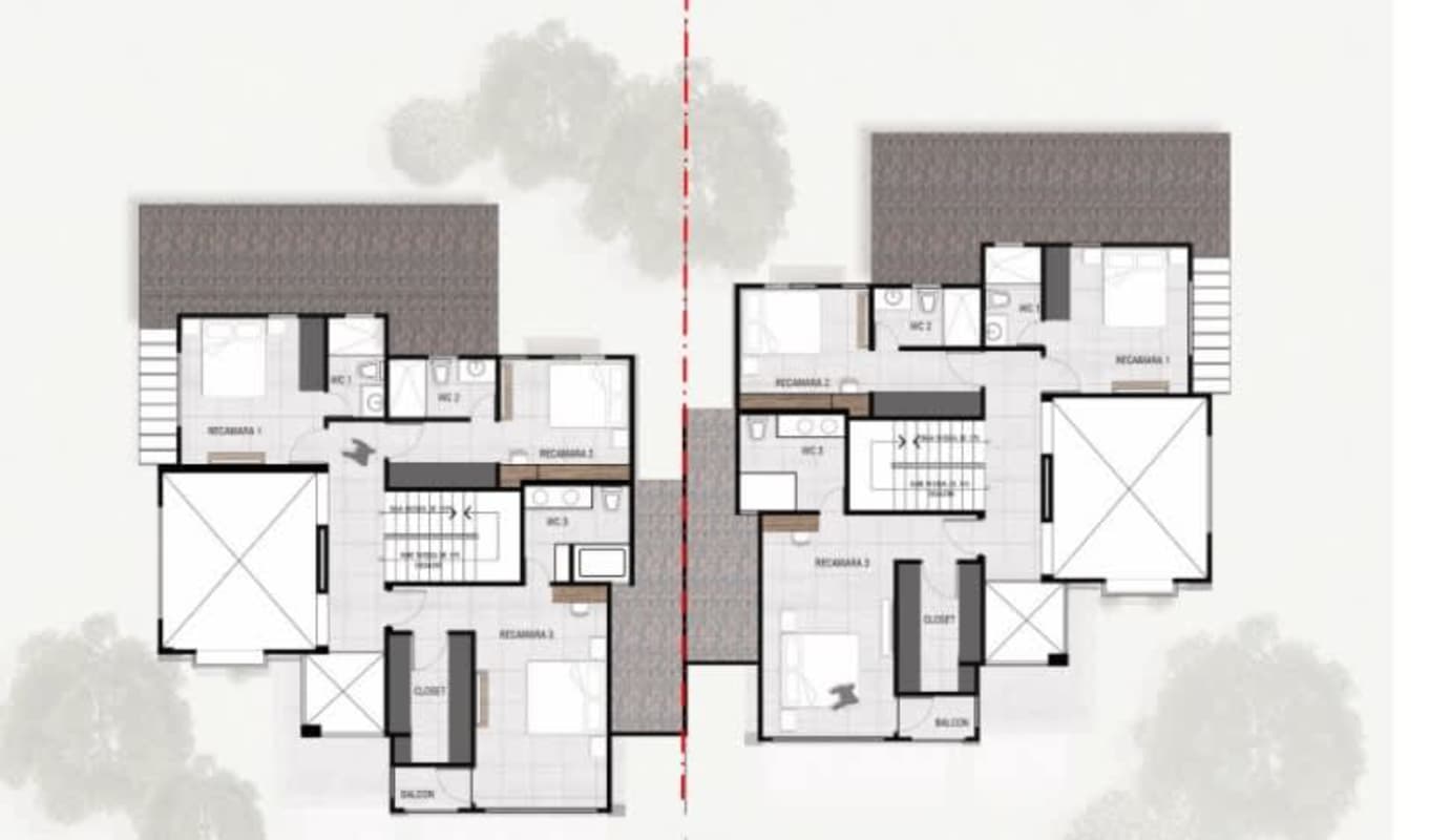 Upper level floor plan multi-bedroom eco-friendly duplex with balconies in Ciudad Jardín Albrook Panama