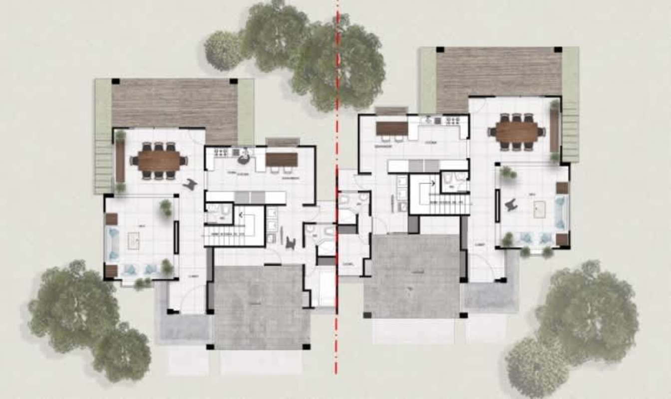 Aerial floor plan of mirrored eco-duplex homes with garages, living-dining areas, outdoor terraces in Albrook Panama