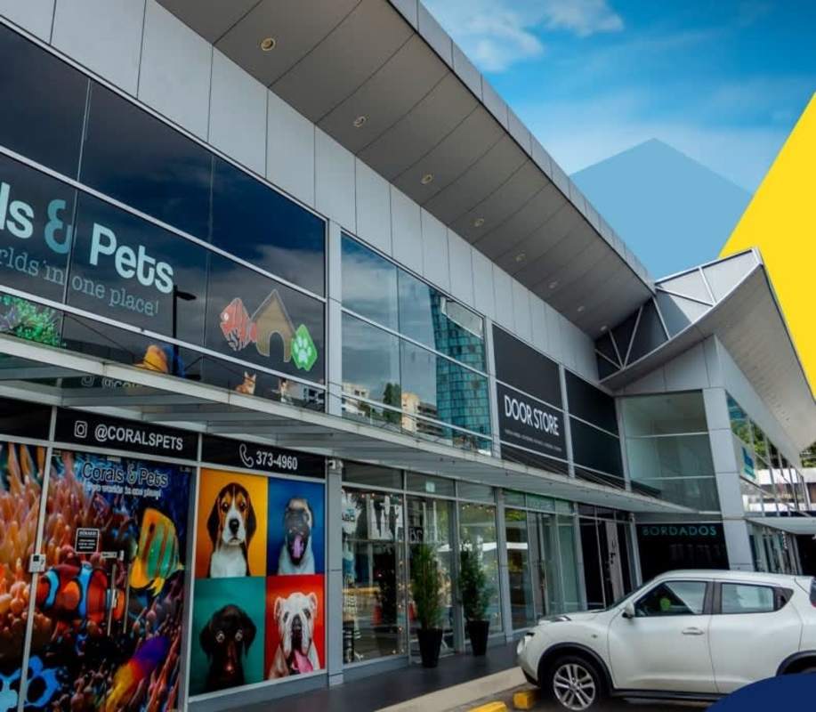 Entrance of commercial plaza with parking, signage and glass facade in Obarrio Panama City
