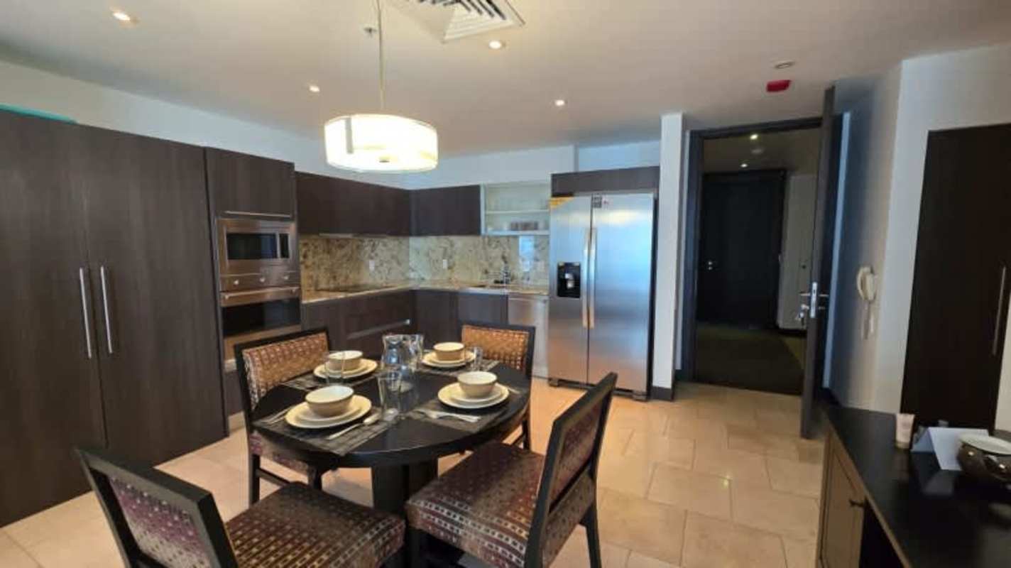 Spacious balcony with ocean view and high-rise skyline at Ocean Reef Punta Pacífica Panama