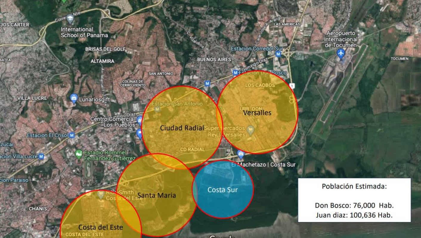 Aerial satellite with highlighted neighborhoods including Costa Sur, Santa María, Costa del Este Panama City