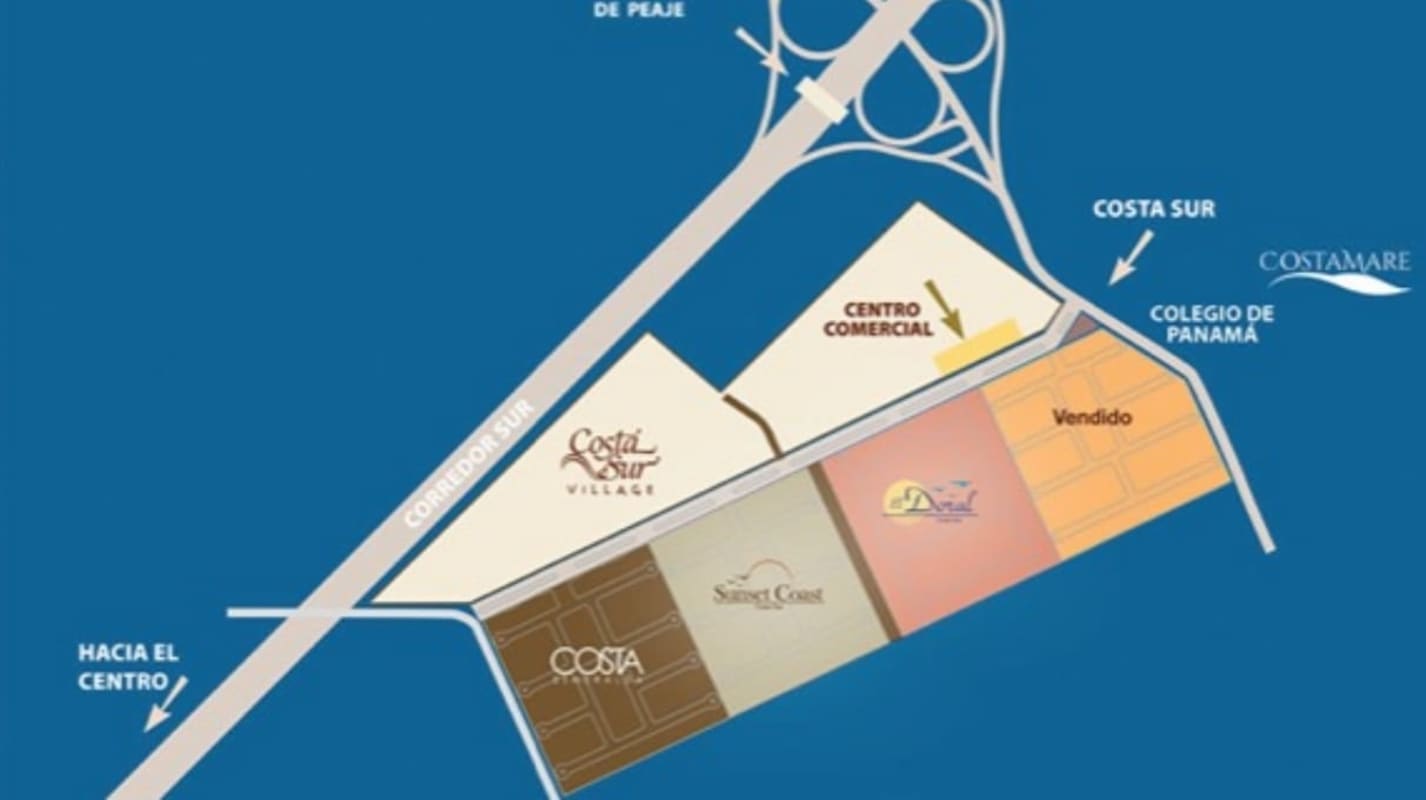 Satellite map highlighting residential communities and commercial zones Costa Sur Panama