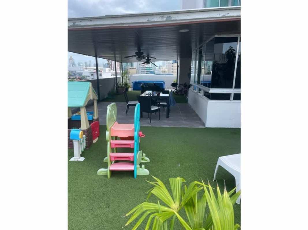 Rooftop dining lounge area covered with ceiling fans and pool PH Cangrejo 507 Panama City