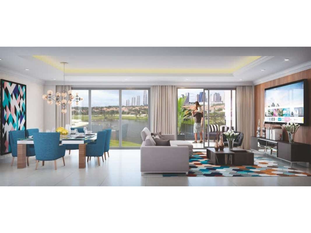 Luxury apartment open-plan living dining with balcony and golf views Santa Maria Panama