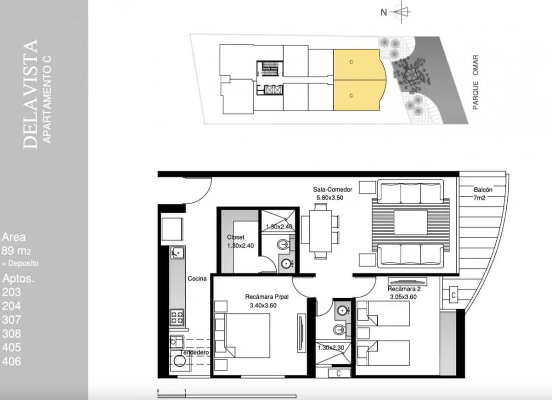Two bedroom apartment floor plan with balcony parkfront Delavista Panama