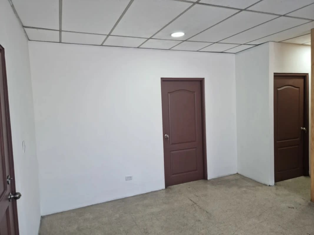 Hallway with drop ceiling and brown doors inside office for rent in Edificio Triana Calidonia Panama City