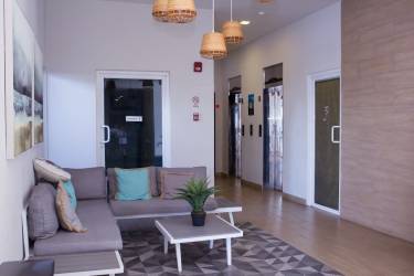 Large saltwater lagoon pool surrounded by palm trees at Playa Blanca resort
