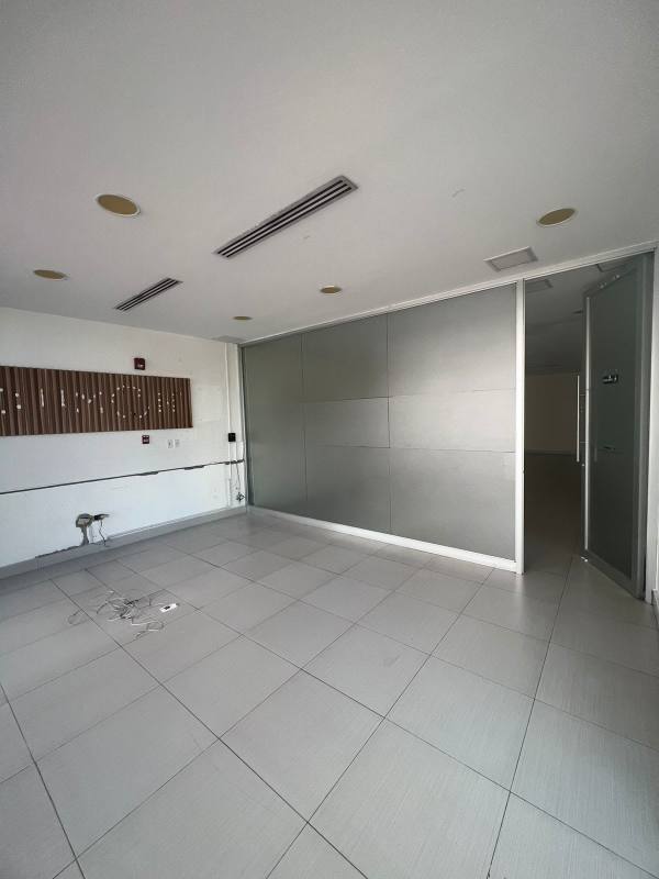 Office space with glass divider, gray floor tiles and wood wall accent in San Francisco Business Plaza Panama