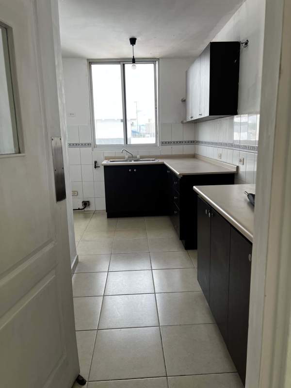 Modern minimalist L-shaped kitchen large window PH El Cangrejo apartment Panama
