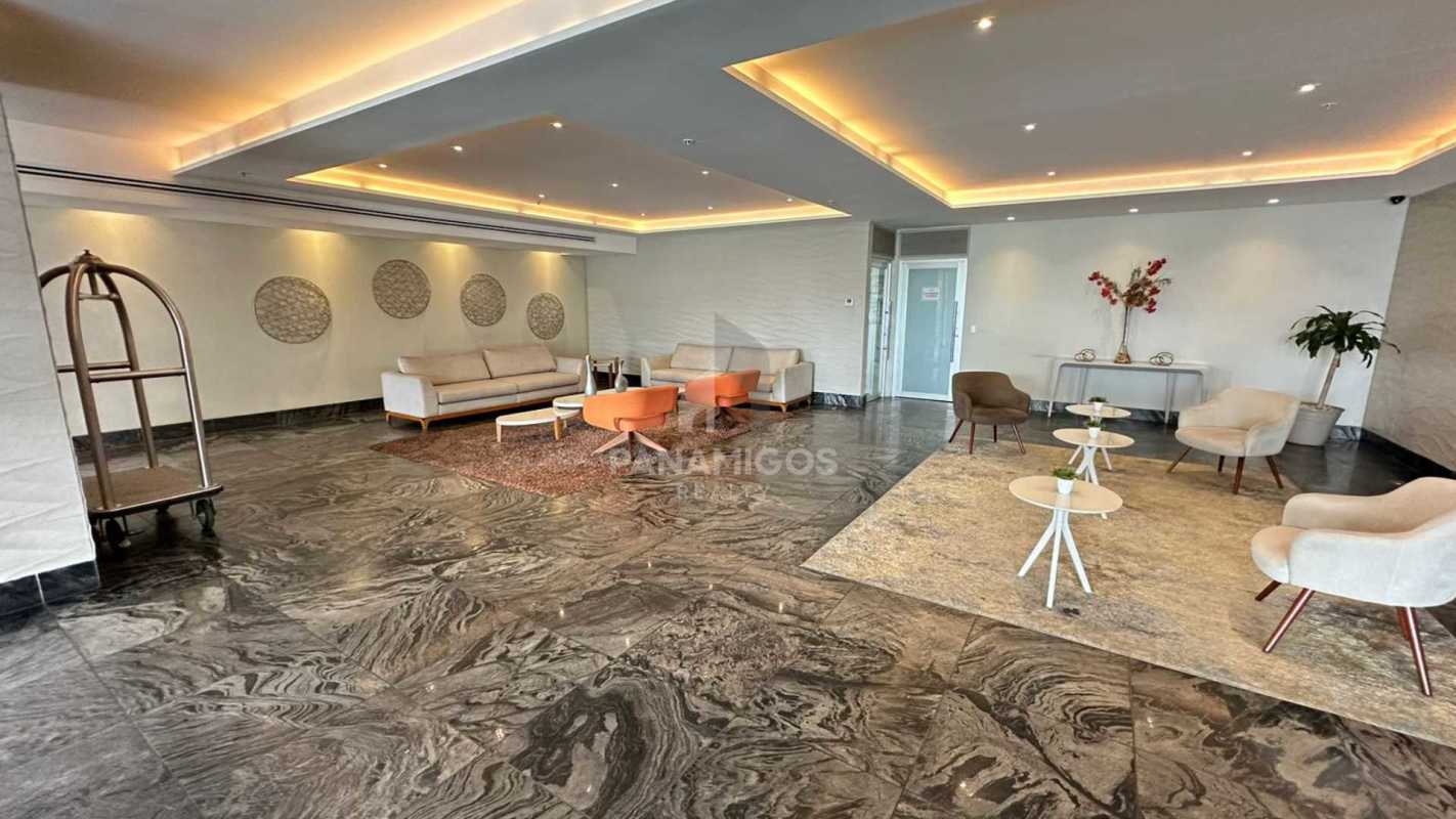Modern lobby with marble floors and designer furnishings in Sky Residences Panama City