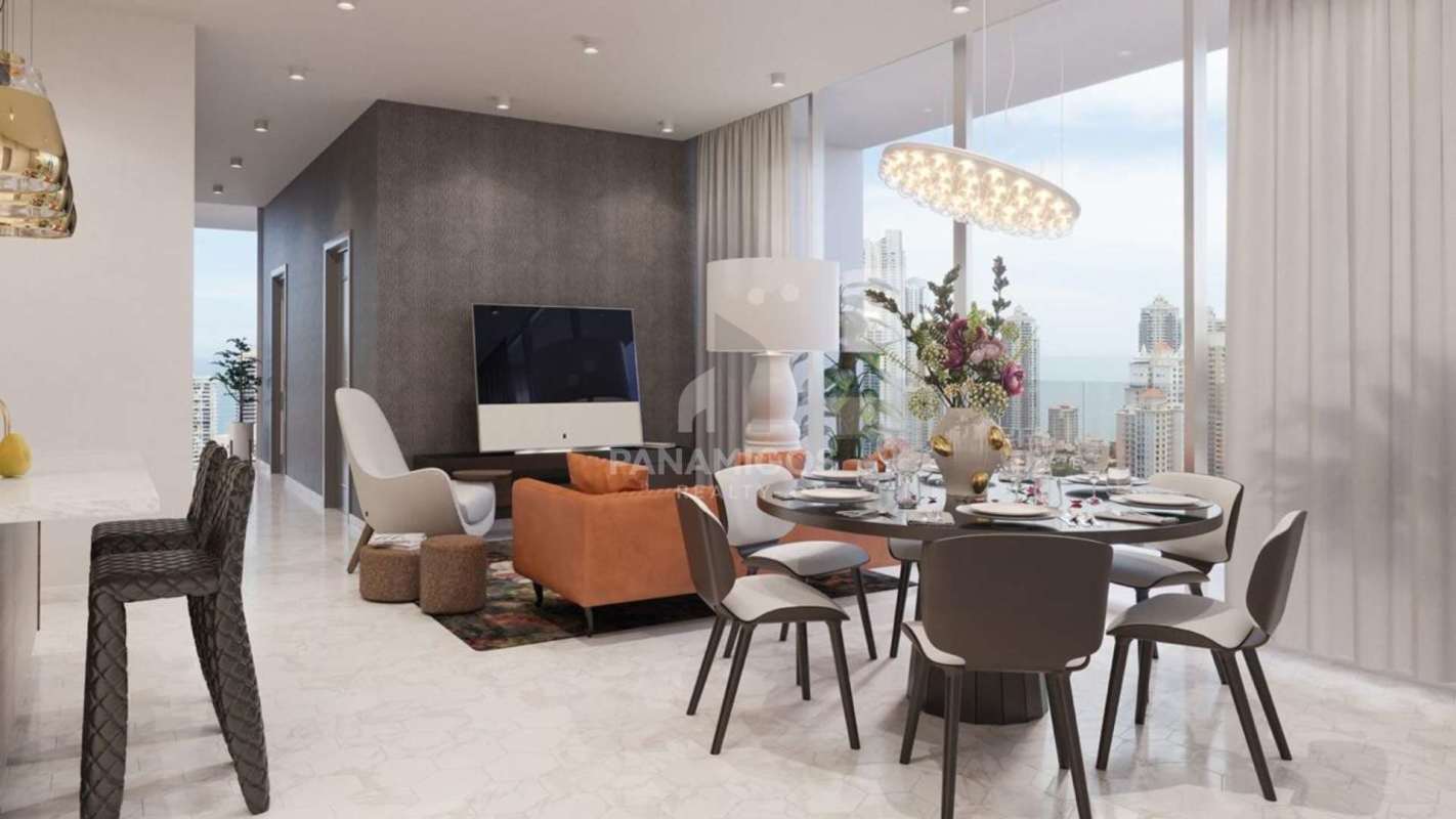 Luxury living room with skyline views, designer furnishings at PH Wanders & Yoo Panama