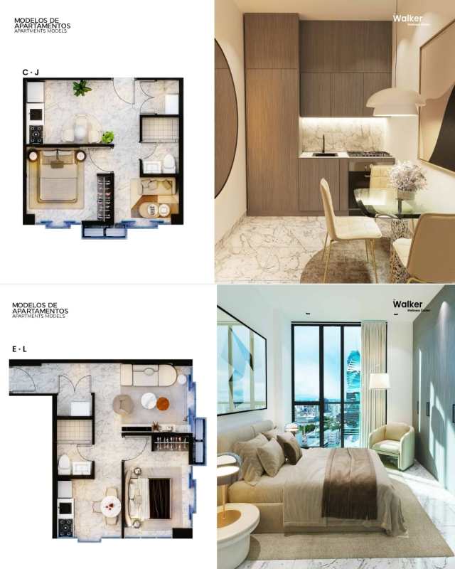 Interior of model studio apartment with kitchen area, bedroom and city view window at The Walker Wellness Center Calle 50 Panama