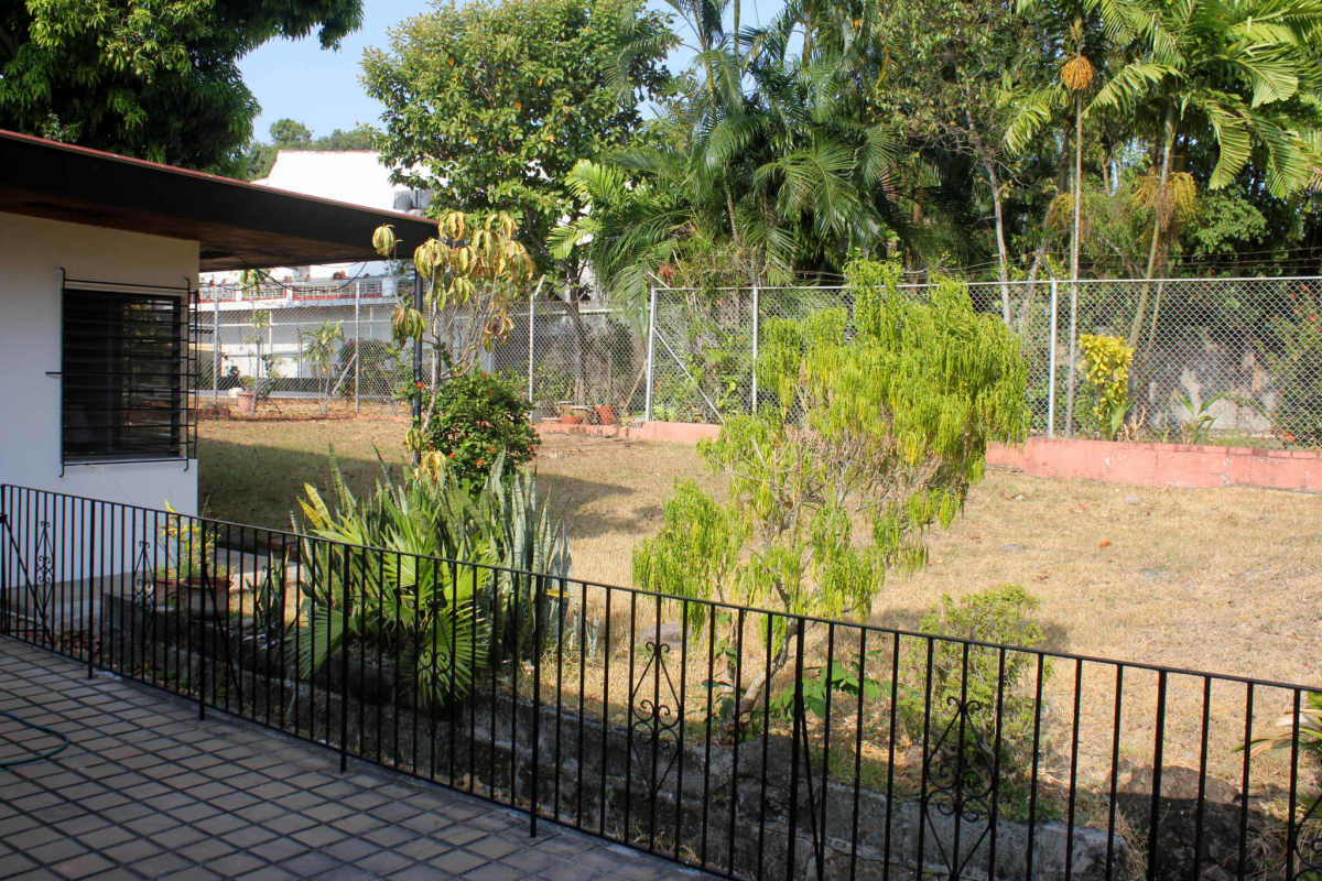 Spacious backyard patio with tiled floor and fenced garden at commercial house in Los Angeles Panama for rent