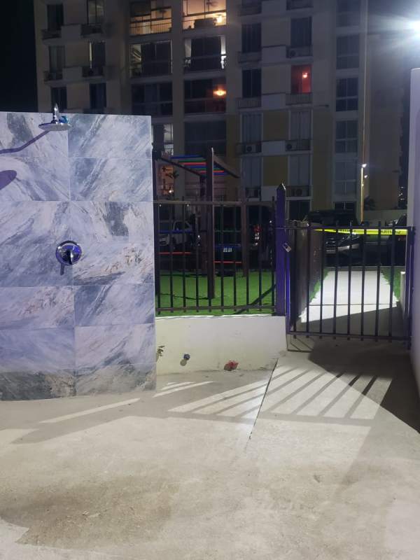 Secure playground with artificial grass and outdoor shower Condado del Rey