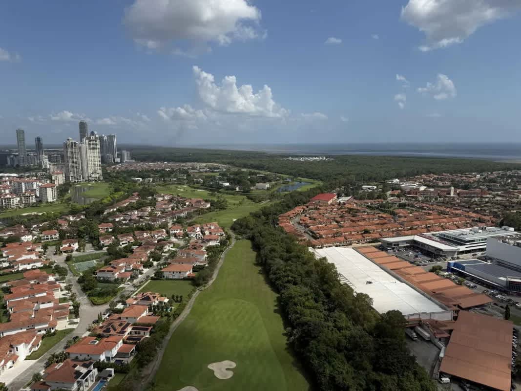 Aerial of Santa María Golf and luxury apartments in Costa del Este Panama City