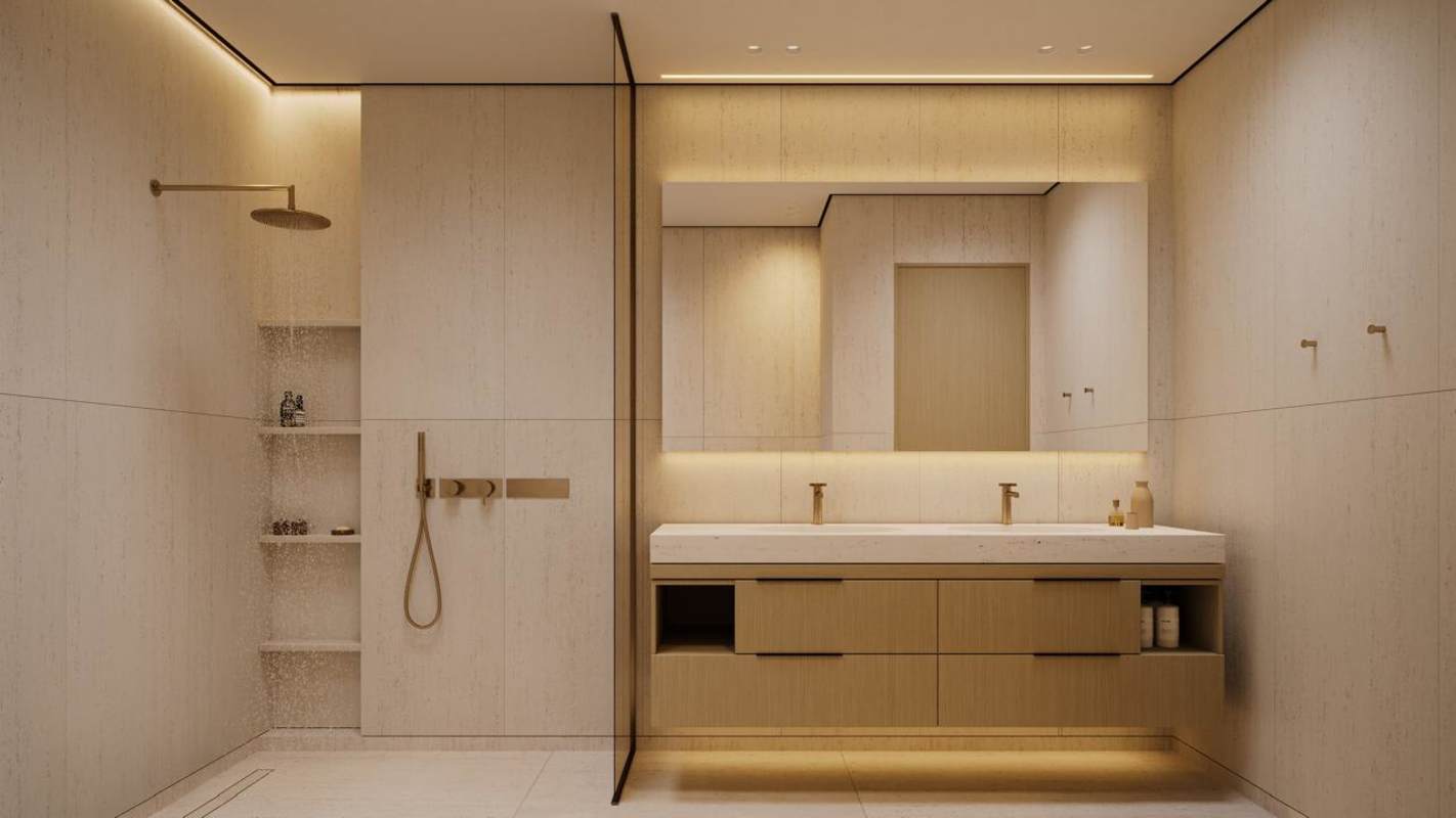 Luxury bathroom with double sink, walk-in rainshower light wood finishes PH Mova Panama
