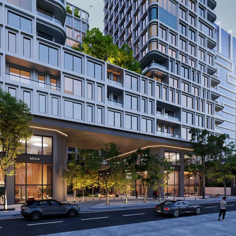 Modern high-rise with glass facade, balconies, street-level retail at PH Mova Panama