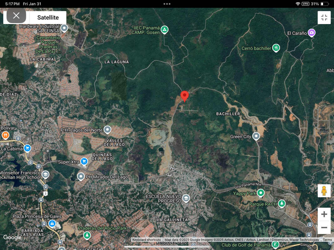 Satellite image of Panama Norte highlighting wooded lots residential development near Green City