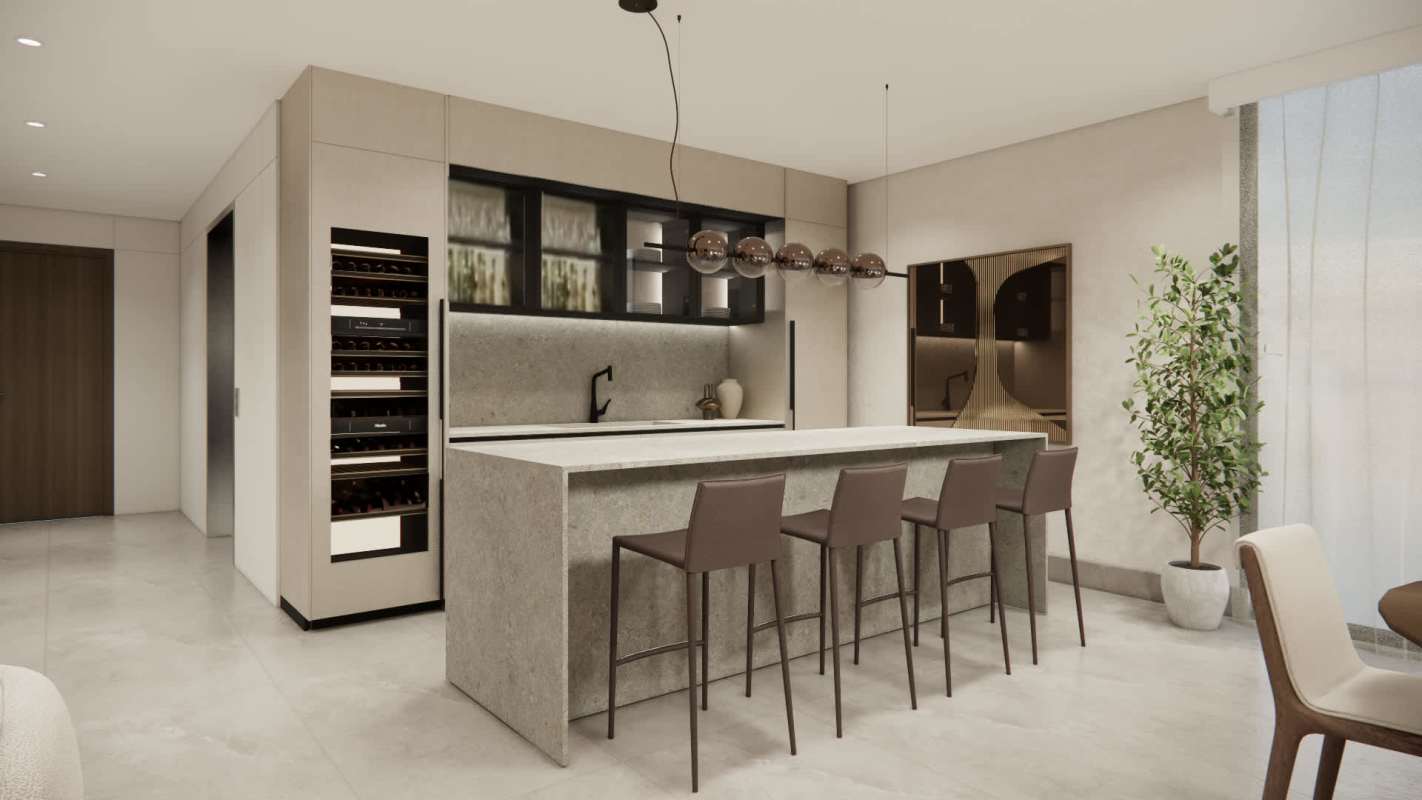 Modern minimalist kitchen with island and built-in appliances luxury condo Ocean Reef Islands Panama