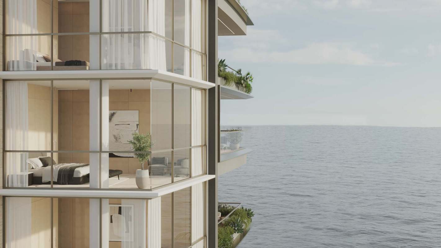 Bedroom floor to ceiling glass balcony ocean view luxury condo Ocean Reef Islands Panama City