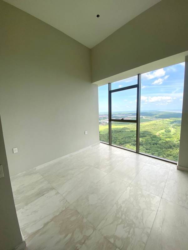 Minimalist marble bathroom, freestanding tub, glass shower, panoramic window La Maison by Fendi Casa Santa Maria Panama