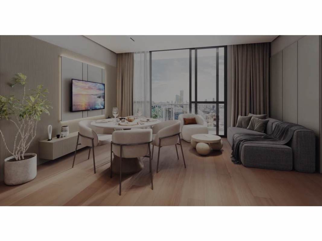 Modern twin bedroom in penthouse with large windows and city view at Moderna 360 Marbella Panama City