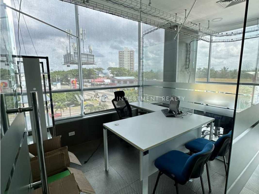 Modern corner office with large glass windows overlooking city in PH Ocean Business Plaza Costa del Este Panama