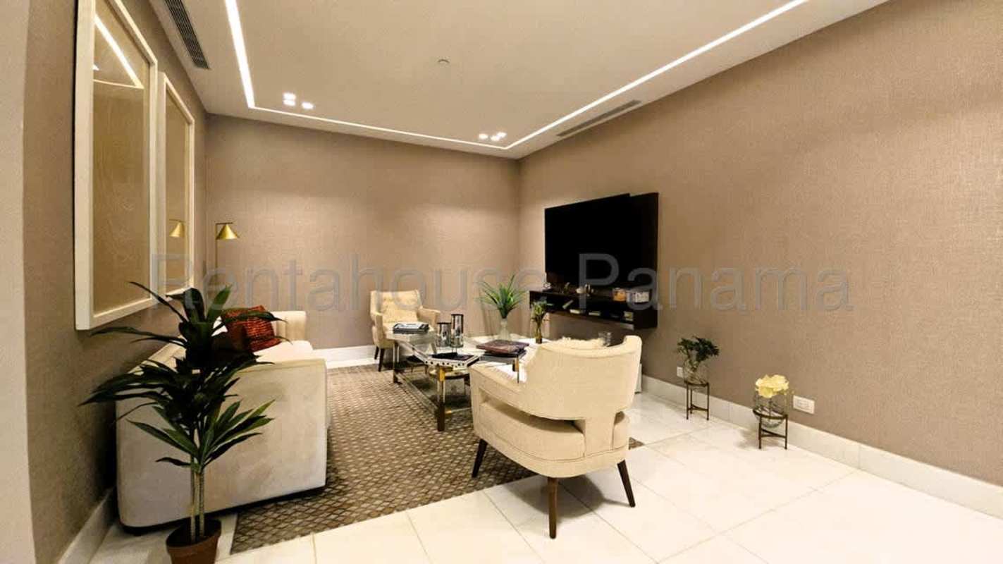 Modern marble bathroom with freestanding tub double vanity glass shower at Punta Pacifica Panama