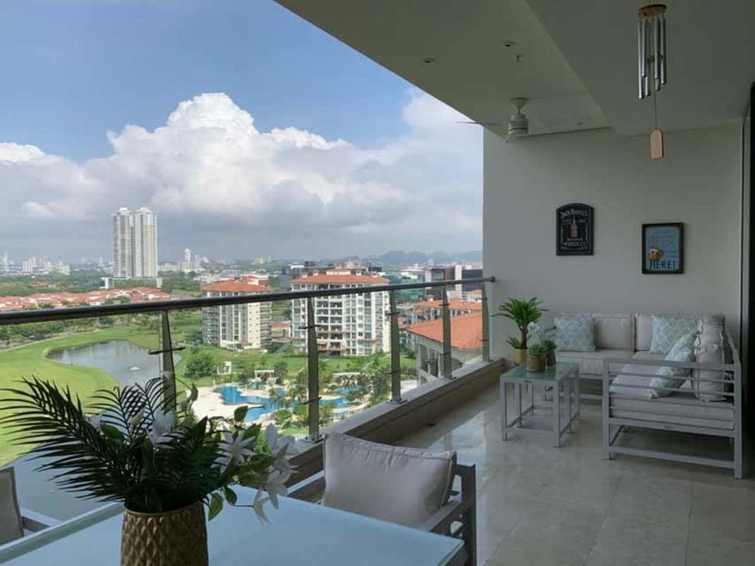 Modern balcony with outdoor seating overlooking golf and skyline La Vista Santa Maria