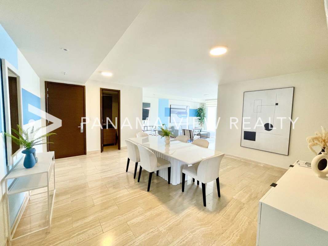 Modern luxury living room with marble flooring balcony view at The Regent Costa del Este Panama