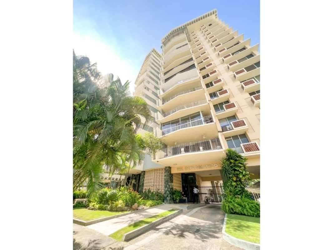 Tall multi-story residential tower with balconies PH Diplomático Obarrio Panama City